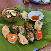 current menu: veg sushi, warm soba, potato salad  at Santosha 산토샤 in Jeju