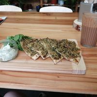 Vegan flatbread and chocolate coffee smoothie (amazing) at Two Old Goats  in Market Harborough