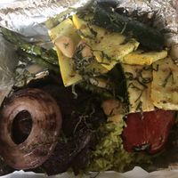 Grilled vegetable plate - $16, includes portobello mushroom, garlic, pesto rice (vegan), zucchini, squash, red onion   at The Shack in Covington