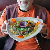 vegan Tandoor Brussels Sprout Salad, listed on the menu as a side dish under Soups & Salads, here displayed as a double portion on a single dish at The Spice Palette Indian Cuisine in New London