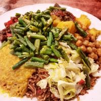 Risj vegetarisch plate of many dishes at Roti huis Leiden in Leiden