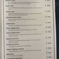 Menu  at Dosa etc in Dunedin