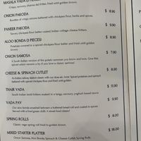 Menu  at Dosa etc in Dunedin