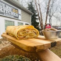 Savory strudel with gravy   at Jules' Kitchen in Ipswich