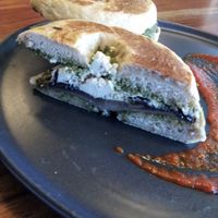 Vegan bagel with mushrooms, pesto and tofu 'feta' at Source Foods in Perth