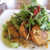 Sweet potato, coconut and lupin fritters with avocado puree and salad at Source Foods in Perth