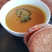 Vegan spiced sweet potato soup and vegan cheese toastie at Source Foods in Perth