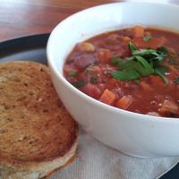 Hearty minestrone soup and vegan cheese toastie at Source Foods in Perth