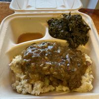 Vegan Fried steak with mushroom gravy served overtop coconut milk mashed potato’s, side of stewed kale. Excellence, will dream about  at Sir Vegaani in Roanoke