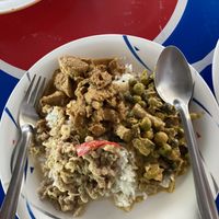 Rice with massaman curry (spicy), lemongrass curry and mixed veg curry.   at Paa Tim ร้านอาหารเจป้าติ๋ม in Krabi