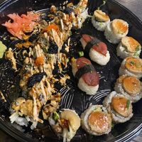 left to right: volcano roll, toona nigiri, royale roll.  at House of Vegano in St Petersburg
