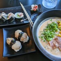 Spicy toona roll, scallop truffle nigiri, and tom kha ramen with vegan "vork belly" at House of Vegano in St Petersburg