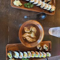 Spicy crab roll, wonton soup, sweet potato summer roll  at House of Vegano in St Petersburg