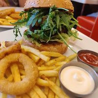 Beyond Meat burger. Fries and sauces are included! at Intergalactic Diner in Belgrade