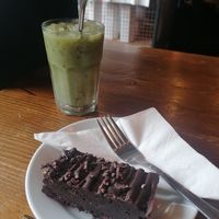 Iced oat milk latte and a double chocolate brownie at 200 Degrees Coffee in Sheffield