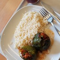 Lunch of the day (stuffed round zucchini with tomato sauce & leek) & strawberry + blueberry smoothie at Community Kitchen in Munich