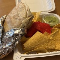  Vegan super burrito ; chips and guacamolee  at Taqueria La Cumbre in San Mateo