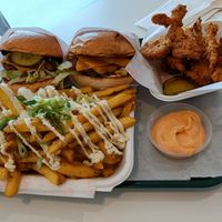 Bare Bun burger, BBQ burger, garlic chips and shroom dippers at Bare Bun in Belfast