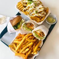 Garlic waffle fries, chick’n wrap, spicy fries, bare bun   at Bare Bun in Belfast