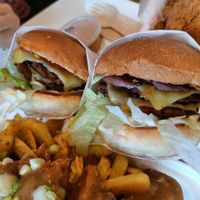 Two double bbq burgers and chick'n gravy fries at Bare Bun in Belfast