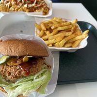 BBQ chik’n & garlic spicy salt fries   at Bare Bun in Belfast