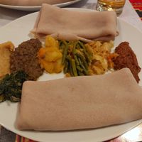 Vegan platter for one, with extra injera bread at Cafe Lalibela in Vienna