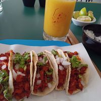 Tacos al pastor & jugo de naranja 1/2 L $39. /
Tacos al pastor & orange juice 1/2 L $39 MXN at El Taco Loco Vegano in San Andres Cholula