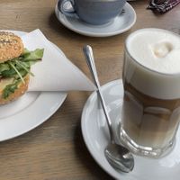 Vegan houmous sandwich and coconut milk latte  at Maracay in Berlin