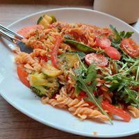 (image from January 2024, dish no longer on menu but may still be veganized)

Pasta Romesco - Fresh pasta with Spanish vegetable sauce (10.90€) at Olive Fulda in Fulda
