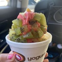Pom Pom Pineapple 🌱 Swirl w/Kiwi • Summer in October🎃  at Yogurt Mill in Modesto