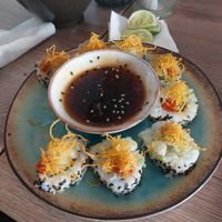 Delicious sweet potato roll (can't remember the name) minus one delicious piece. at Asianica in Lima