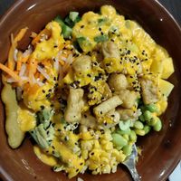 Build-your-own bowl with brown rice base & vegan ginger dressing ~ so good! at Aloha in Quakertown