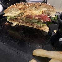 Burger Cut in Half - All Textures Messy but Good  at Restaurante Vegetariano Terra Nostra in Mexico City