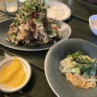 Fried enokitake mushrooms with hot and sour soy sauce, cold tan tan noodles  at Alt.a in Seoul