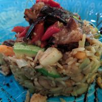 rice stack with roasted vegetables at Sunmoon - Alabin in Sofia