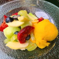 Mango sorbet and fruit at Ylla Organic Fusion in Aguas Calientes