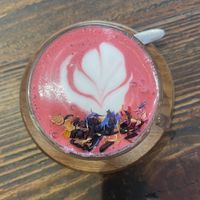 Rose latte with almond milk  at Milenaria Café in Lima