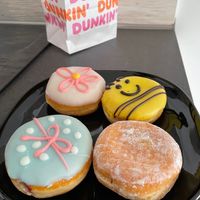 The vegan flower, bee, osterei, and Bavarian creme at Dunkin' in Leipzig