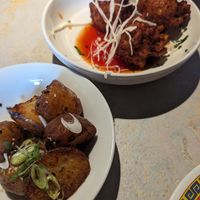 Crispy potato's and sweet corn fritters - incredible!! at Ga Ga Kitchen + Bar in Glasgow