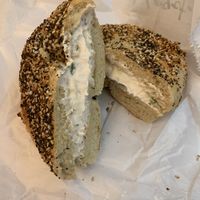 Everything bagel with vegan veggie cream cheese!!! at Ess a Bagel - 3rd Ave in New York City