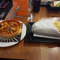 Gyros wrap and giant beans at Mythos in Zurich