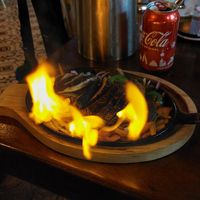 Sizzling Fajita, flamed with Tequila at Ocean's Isla in Isla Mujeres