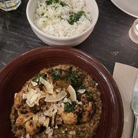Soy and orange roasted cauliflower, spiced black lentil stew, coconut chips, parsley, rice  at Twentysix in Budapest
