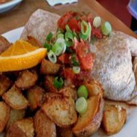 vegan fiesta burrito: a blend of seasoned vegetables, tofu, house chili wrapped in a wheat tortilla topped with salsa and green onions at Paradox Cafe in Portland