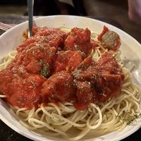 Meatless meatballs over spaghetti   at Corleone's Trattoria in Savannah
