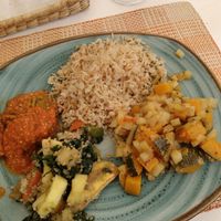 Eggplant with tomato sauce, whole grain rice, cubed squash with hot spices and mixed veggies at Dicha Chibcha in Villa De Leyva