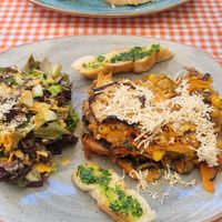 vegan lasagne with tofu, served with homemade bread with pesto at Dicha Chibcha in Villa De Leyva