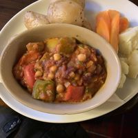 Chickpeas , veg in a tomato sauce with side of veg , lovely 😊   at Port Askaig Hotel & Stores in Islay