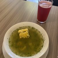 Menu del dia including soup and juice  at Marvelous Vegan Plant Power Food in Bogota