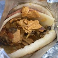 Vegan ham and cheese arepa, to go!  at Marvelous Vegan Plant Power Food in Bogota